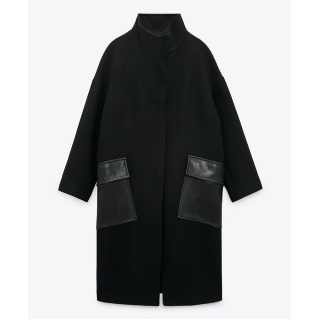 Zara Black Oversized Coat With Faux Leather Pocket Detail